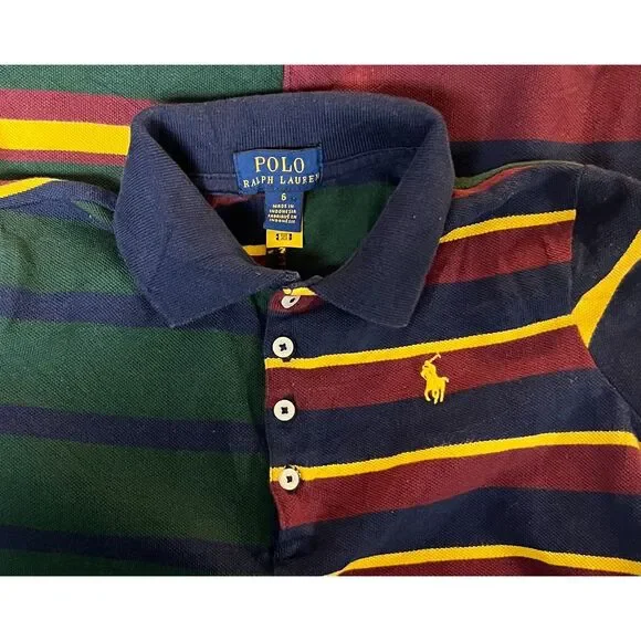 RALPH LAUREN Striped Mesh Rugby Type Polo Dress Drop Waist 1967 Cotton Sz 6